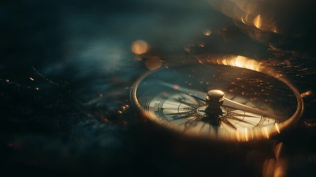 Compass glows softly in dark water revealing mystery and direction at twilight