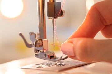 Woman working with sewing machine in workshop, closeup