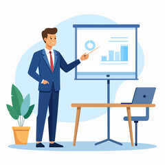 Fototapeta premium A businessman in a suit presents a graph on a whiteboard with a pointer, standing next to a table with a laptop and a potted plant.