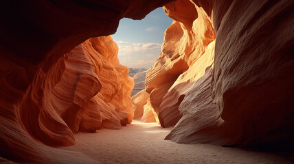Colorful Canyon Walls With Bright Sunlight And A Sandy Path