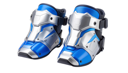 Pair of futuristic blue and silver shin guards for sports or cosplay isolated on solid white background Png form