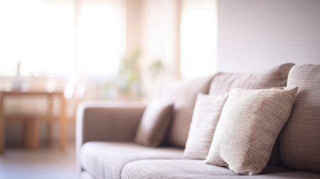 A cozy beige sofa with decorative pillows positioned in a brightly lit living room setting,