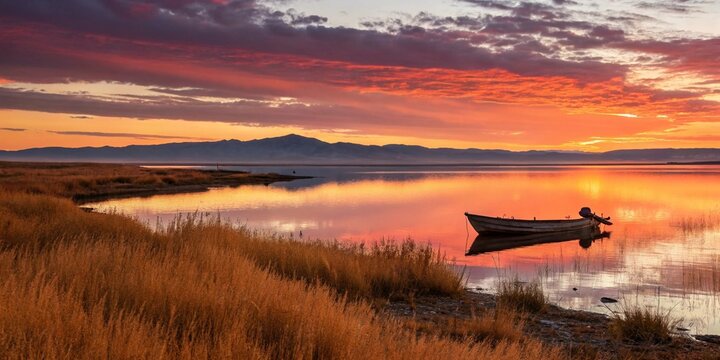 Lakeside at sunset with vivid orange and pink sky reflecting on perfectly still water, silhouette of a lone rowboat floating gently, surrounded by distant mountains and golden grass swaying. - Powered by Adobe
