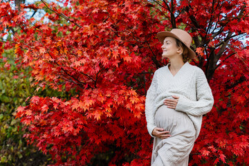 Pregnant woman in nature at autumn. Healthy and happy pregnancy of beautiful woman enjoying moment.