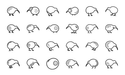 Outline Style Vegetable and Fruit Icons – Bell Pepper, Corn, Cucumber, Eggplant, Garlic, Chili, Kiwi, Onion, Pumpkin, Radish, Strawberry, and Tomato Doodle Set for Healthy Food Design

