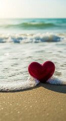 Fototapeta premium Red heart on sandy beach, gentle wave foam. Symbol of love, romance, Valentine's Day, beach vacation