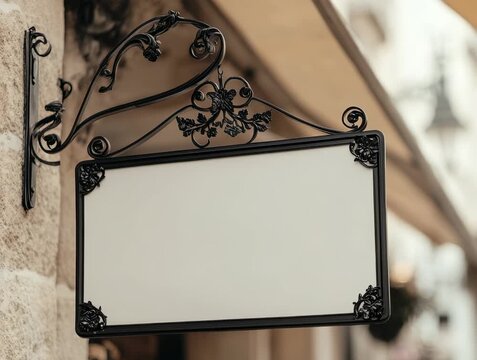 Elegant wrought iron sign hangs at a charming cafe on a cobblestone street in Paris during the early afternoon
