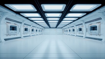 Obraz premium Futuristic spacecraft corridor with minimalist design features advanced technology, symmetrical layout,