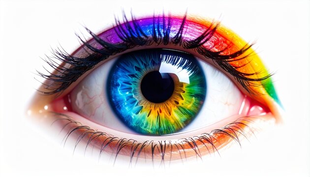 A close-up of a human eye with a rainbow-colored iris set against light skin and dark lashes—merging natural anatomy with surreal vibrance and imaginative visual appeal.