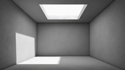A minimalist room with smooth concrete walls and a single skylight casting natural light onto the floor and left wall,