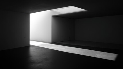 A minimalist modern interior with sharp geometric lines and stark contrast between light and shadow,