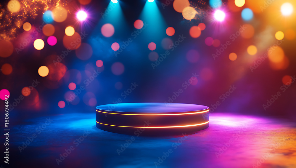 Poster illuminated circular stage with glowing neon trim stands under spotlight with bokeh lights for produ