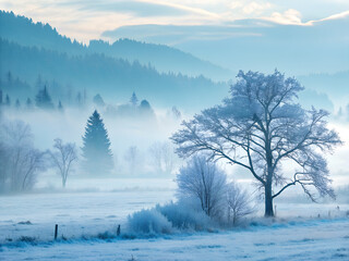 Fototapeta premium Frosted Winter Landscape | Misty Forest, Cold Nature Scene, Snowy Trees