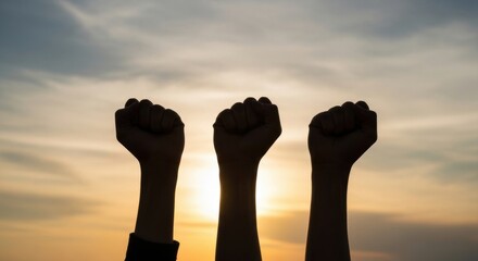 Raised fists silhouetted against sunset symbolizing unity and resistance