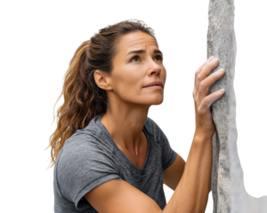 Woman rock climbs, contemplates next move. Athletic, focused, determined. Use for fitness, adventure, or lifestyle marketing.
