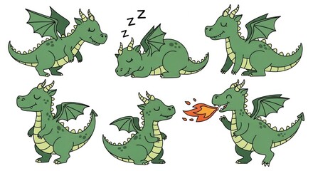 Cute green dragon illustrations in various adorable and playful poses