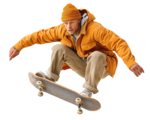 Skater Jumps On Board. Man performs a trick. Use for marketing, website, or design.