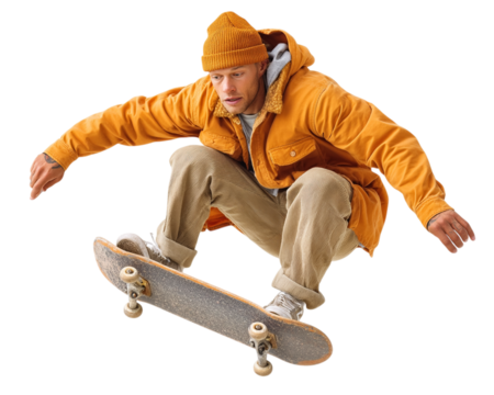 Skater Jumps On Board. Man performs a trick. Use for marketing, website, or design.