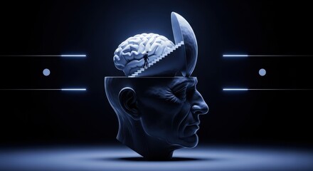 Human head with stairway leading to brain symbolizing knowledge and imagination