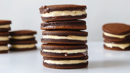 A stack of ice cream sandwiches with chocolate cookies and vanilla filling, neatly arranged on a clean white solid background, highlighting their texture.