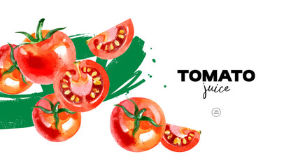 Watercolor tomatoes poster. Hand drawn vegetables design for juice label, recipe book, food blog. Vector illustration.