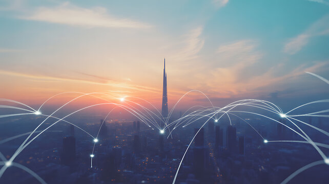 Futuristic cityscape network at sunset connections - Powered by Adobe