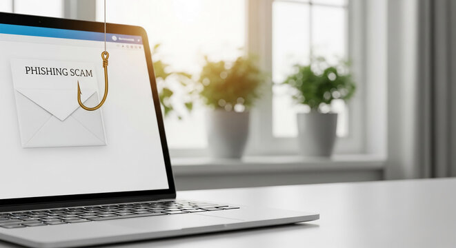Laptop displaying phishing scam email with a fishing hook, illustrating online fraud and digital security risks