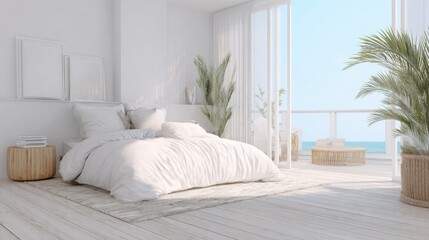 airy summer bedroom interior, white linens, open balcony doors, sunlight streaming in, indoor palm plants, coastal minimal decor, light wooden accents