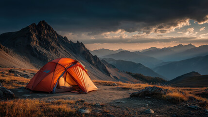 Colorful Tent on Hilltop at Sunset