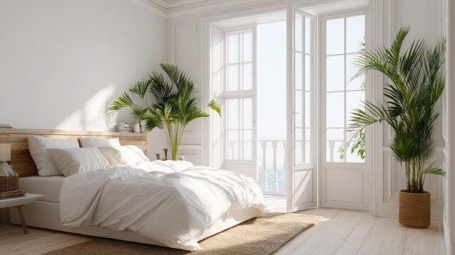 airy summer bedroom interior, white linens, open balcony doors, sunlight streaming in, indoor palm plants, coastal minimal decor, light wooden accents 