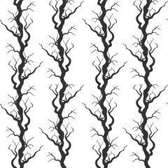 Tree branches old, crooked and gnarled, Halloween pattern with black silhouettes on white background.
