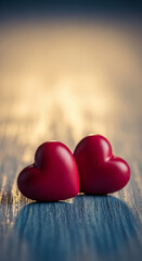 Fototapeta premium Two red hearts on a wood surface, illuminated by warm light, represent love, romance, and Valentine's Day