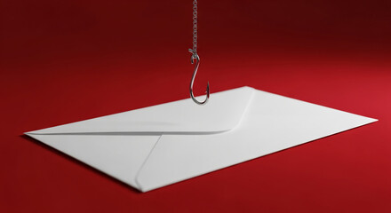 White envelope on red background, a silver hook hanging above it, symbolizing phishing or online scams, caution and digital security