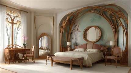 art nouveau bedroom, curved organic lines, floral motifs, stained glass, natural materials, elegant romantic feel 