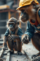 A younger anthropomorphic monkey in work attire kneels on a construction site, looking directly ahead, with an older, hard-hat-wearing monkey partially visible in the foreground.