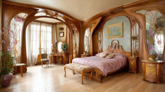 art nouveau bedroom, curved organic lines, floral motifs, stained glass, natural materials, elegant romantic feel  - Powered by Adobe