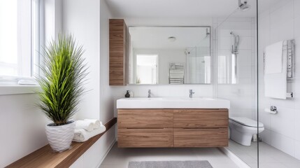 bright minimalist bathroom, white tiles, wooden vanity, large mirror, natural light from window, indoor plant, clean and peaceful design