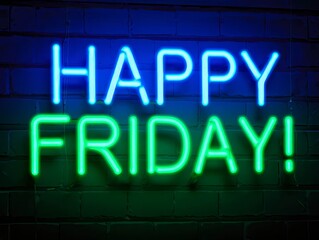 Obraz premium Neon glowing Happy Friday sign in blue and green colors on dark brick wall background.