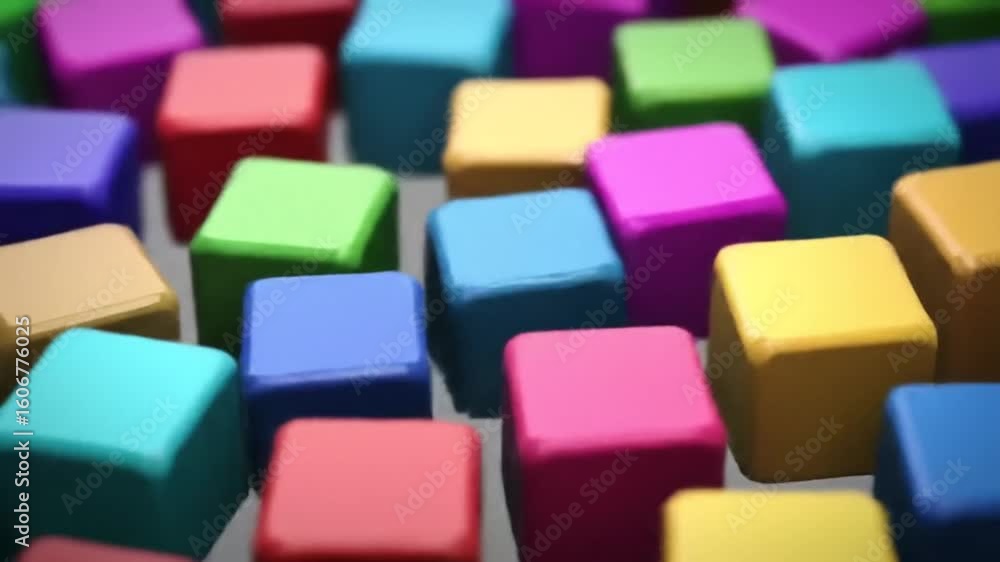 Poster a vibrant array of colorful cubes scattered across a surface, creating a playful and abstract geomet