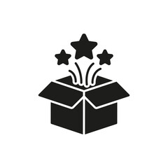Open Box With Stars Solid Icon. Surprise, Excitement, And Mystery Unboxing Silhouette Symbol. Gift Presentation And Celebration. Isolated Vector Illustration