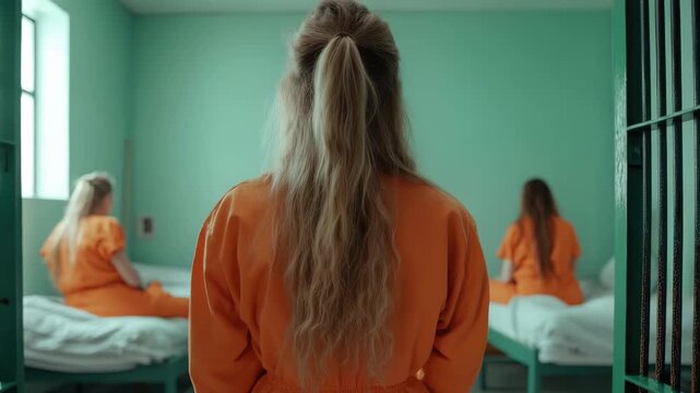 This shows a woman, wearing orange clothing, standing in a prison cell. The women are experiencing captivity. Behind bars, confinement is apparent in the jail
