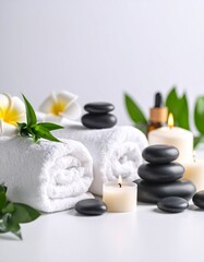 Minimalist Spa Still Life: Towels, Stones, and Candle