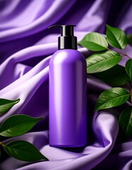 Elegant Purple Cosmetic Dispenser on Soft Purple Fabric with Leaves