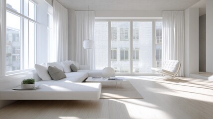 Fototapeta premium clean white minimalist interior, Scandinavian furniture, soft shadows, light textures, white curtains, wooden floor, large windows, peaceful mood 
