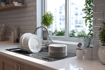 Kitchen sink full of dishes with window view
