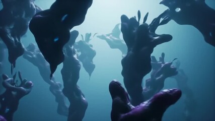 Abstract representation of dark, organic-looking shapes resembling coral or deep-sea organisms floating in a hazy, blue-toned environment.