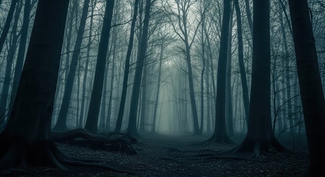 Mystical foggy forest path with tall trees and eerie atmosphere at twilight
