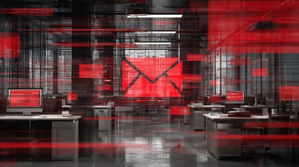 A modern office space with a dynamic digital representation of email communication, conveying speed and connectivity.