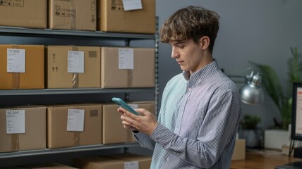 Ecommerce Seller Checking Orders in Warehouse Digital Environment Young Professional Concept
