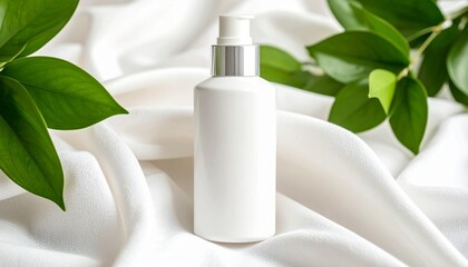 Minimalist White Cosmetic Bottle with Green Leaves on Silk Fabric